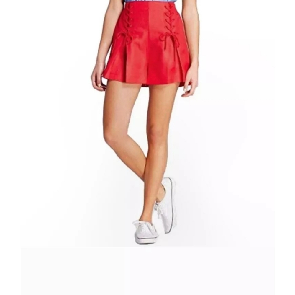 A New Day Red Lace-up Shorts Pleated 40's Pin Up Girl Vibes Linen Blend Sz L NWT